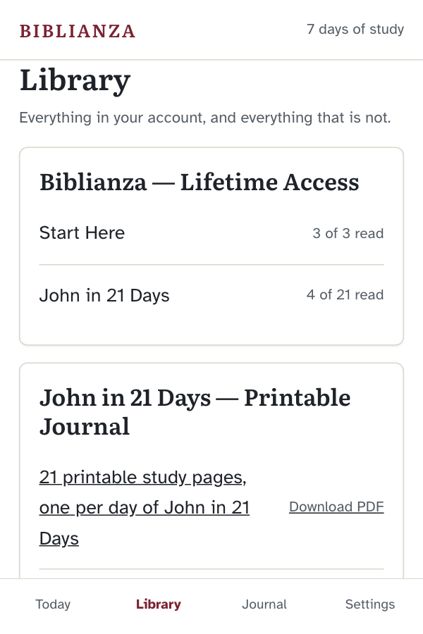 The Biblianza app showing the list of studies and how far along each one is.