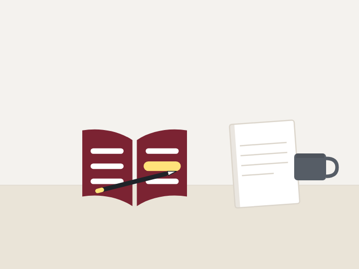 Illustration of an open Bible, a lined notebook, a pencil and a mug on a table, in the Biblianza brand style.